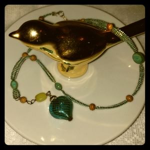 Cute Beaded Necklace with Blue Glass Heart Pendant